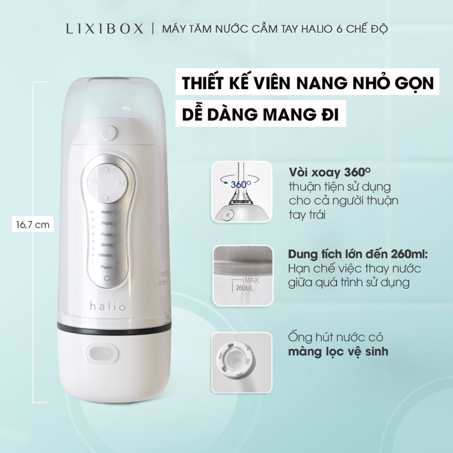 thiet-ke-may-tam-nuoc-cam-tay-halio-6-che-do Máy tăm nước Halio với thiết kế viên nang nhỏ gọn tiện dụng